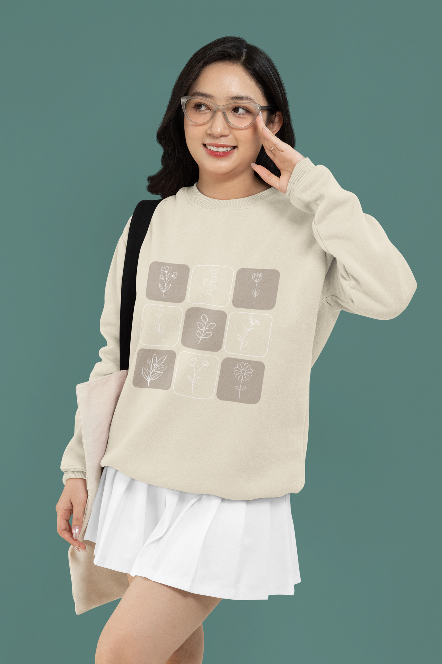 Flower Grid Beige Unisex Sweatshirt