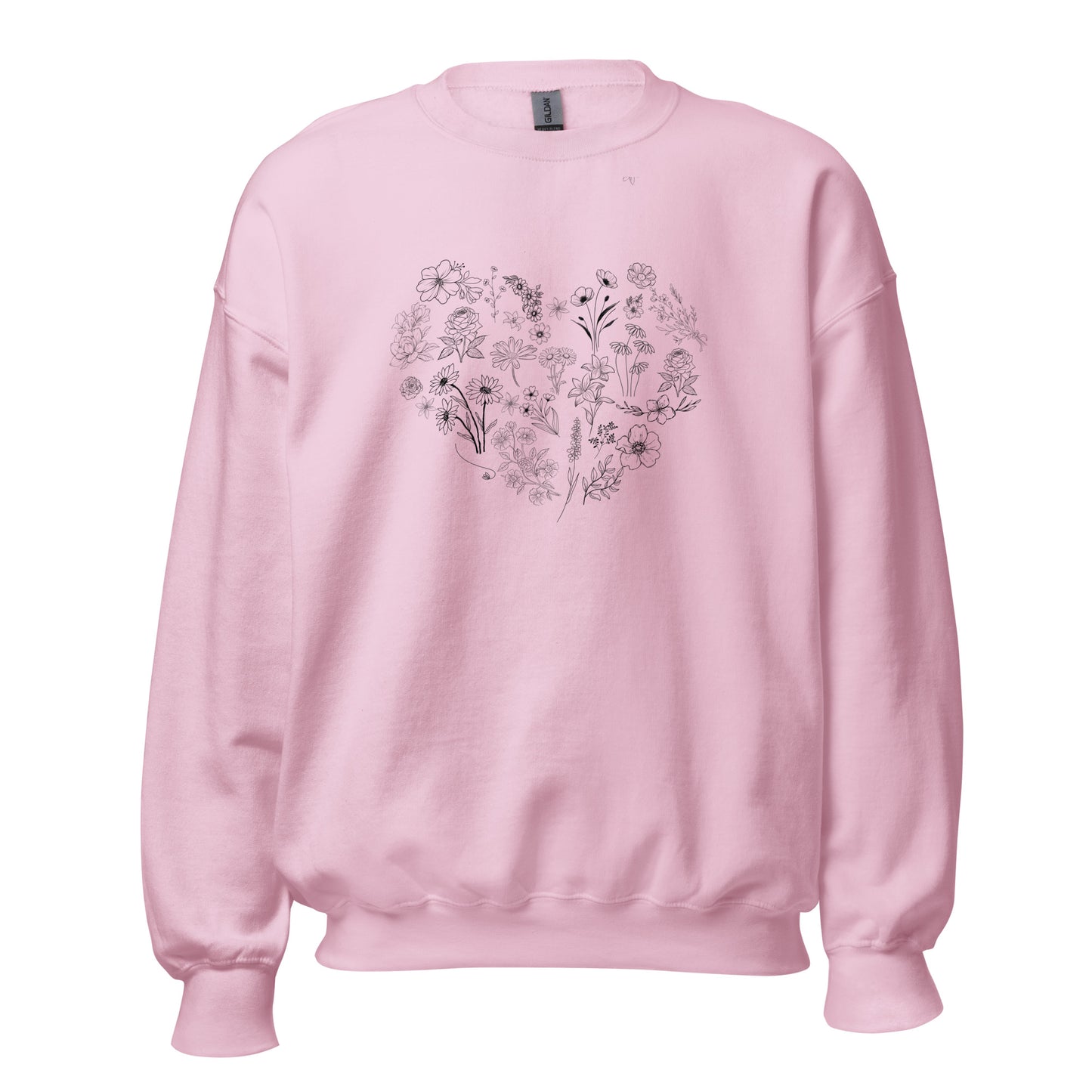 Pink sweatshirt with a heart shaped design of wild flowers