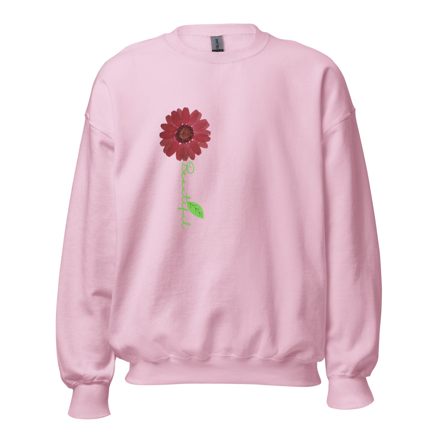 Pink sweatshirt with a dark Pink gerbera on right side of chest with the word Beautiful as a stem