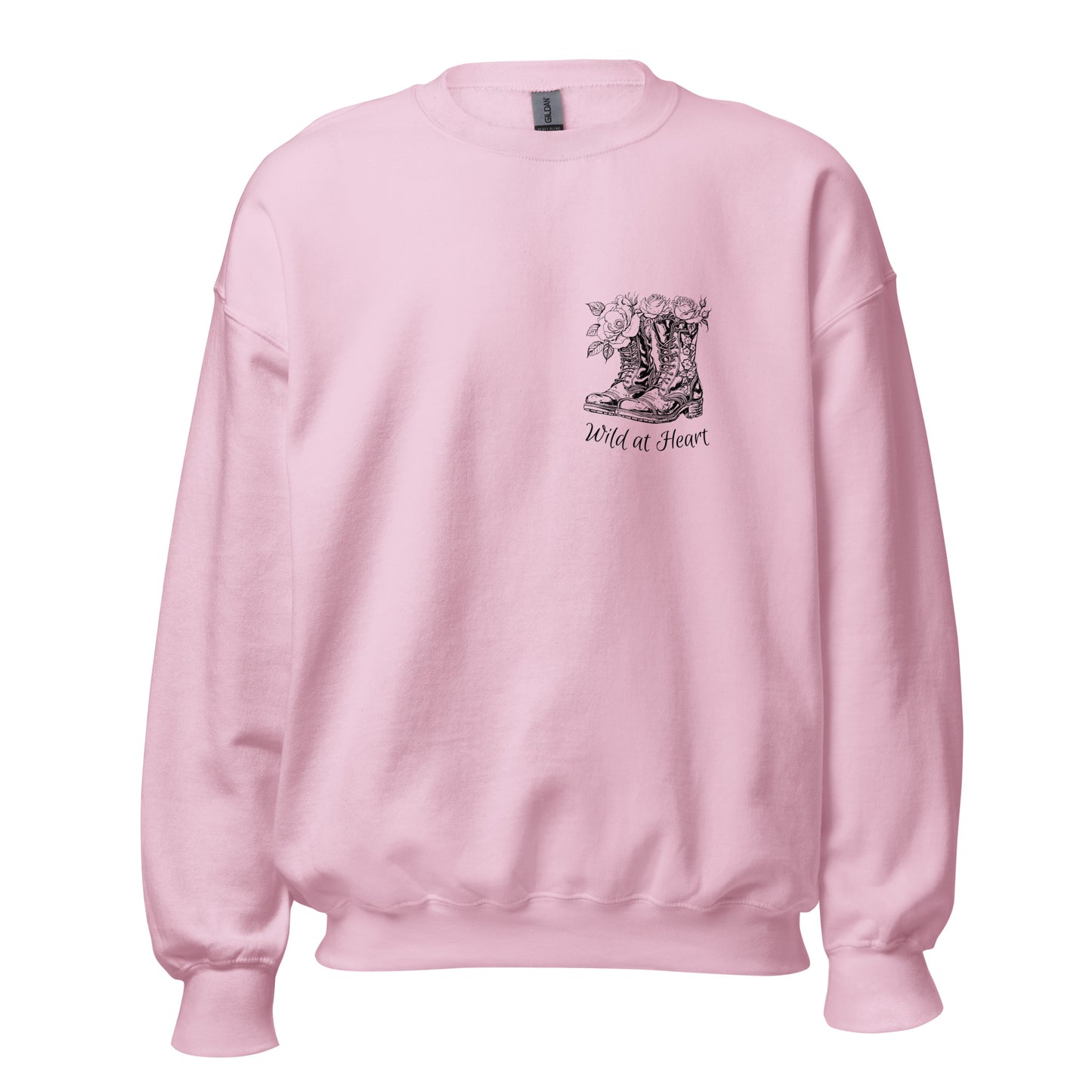 Pink sweatshirt with dsign of boots and wildflowers on left side of chest and the words Wild at Heart