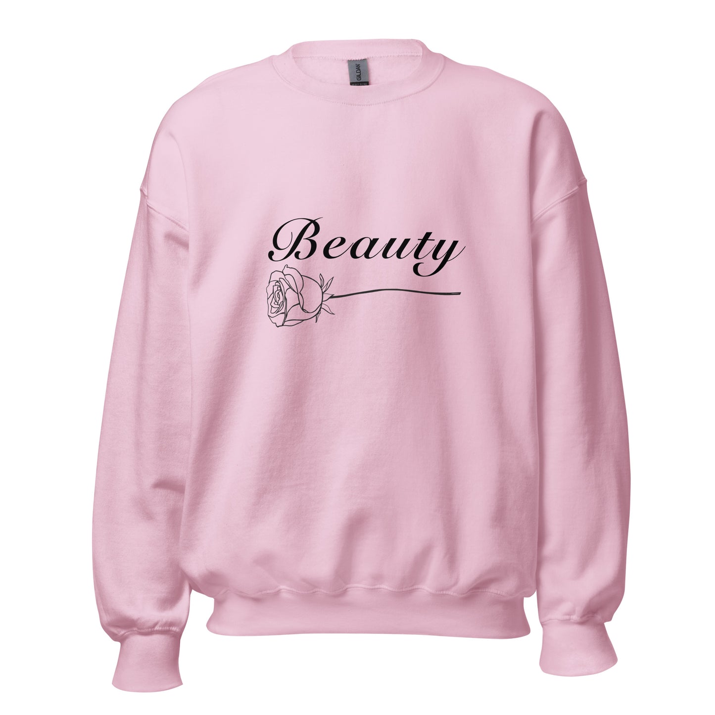 Pink sweatshirt with a rose design and the word Beauty