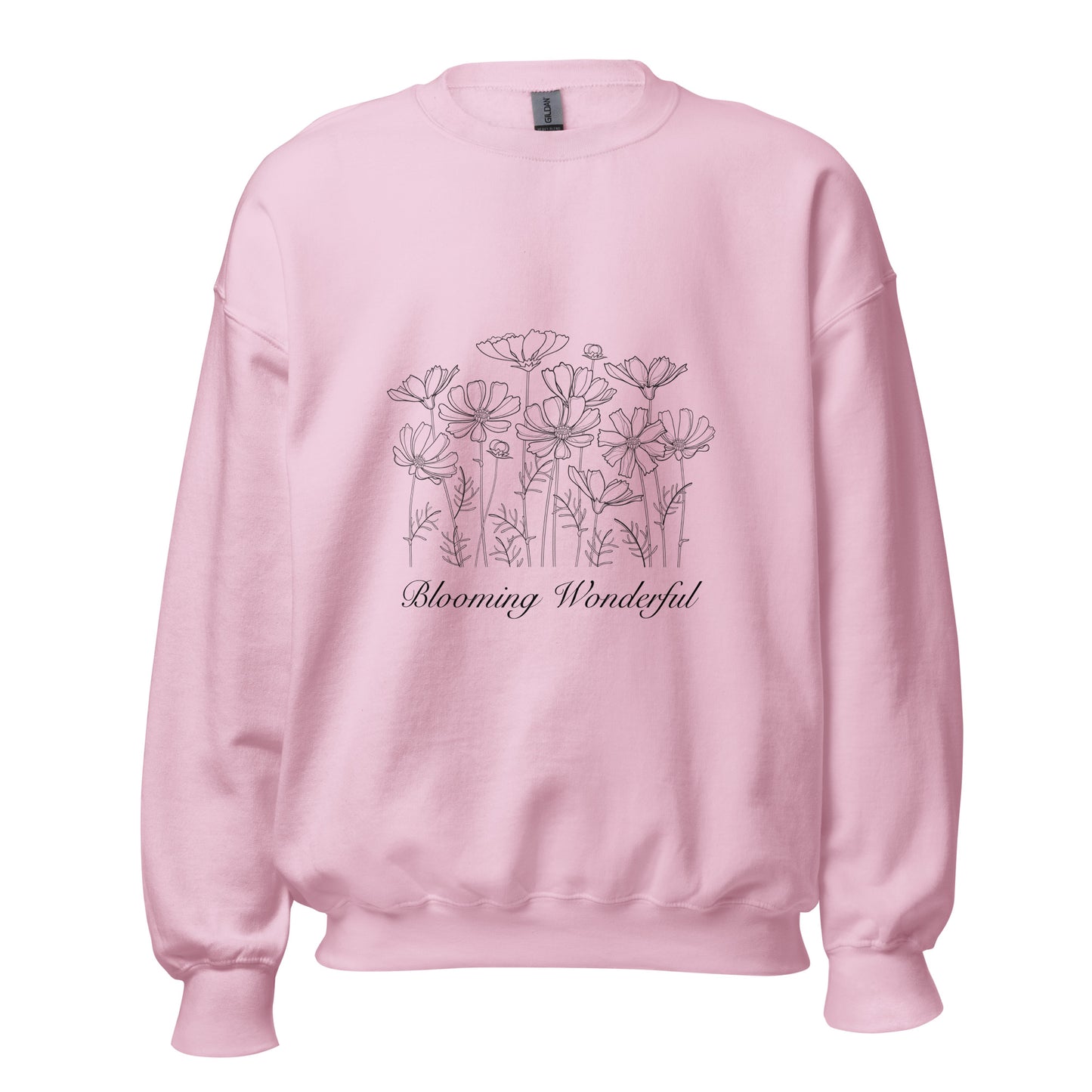 Pink sweatshirt with wildflower design and the words Blooming Wonderful